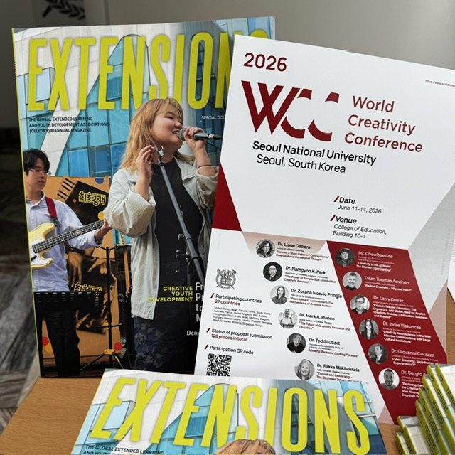 Extensions magazine — the Creative Youth Development double issue — on display at the World Creativity Conference 2026
